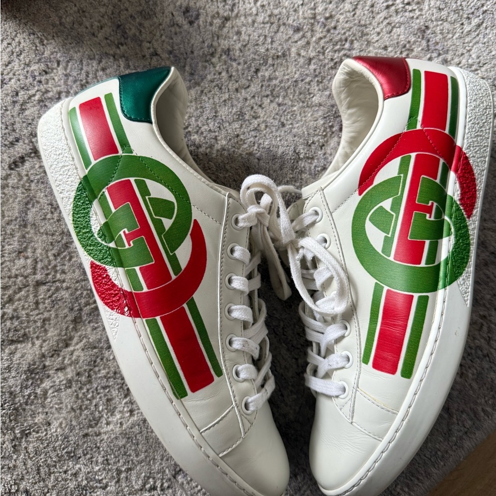 Gucci White Sneakers with Red and Green Logo